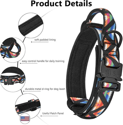 DAGANXI Tactical Dog Collar, Adjustable Military Training Nylon Dog Collar with Control Handle and Heavy Metal Buckle for Medium and Large Dogs, with Patches and Airtags Case (L, Colorful Triangle)