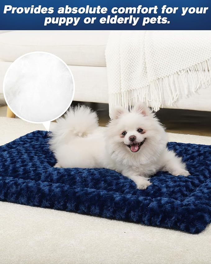 Washable Dog Bed Mat Dog Crate Pad Soft Fluffy Pet Kennel Beds Dog Sleeping Mattress for Large Jumbo Medium Small Dogs, 35 x 22 Inch, Blue