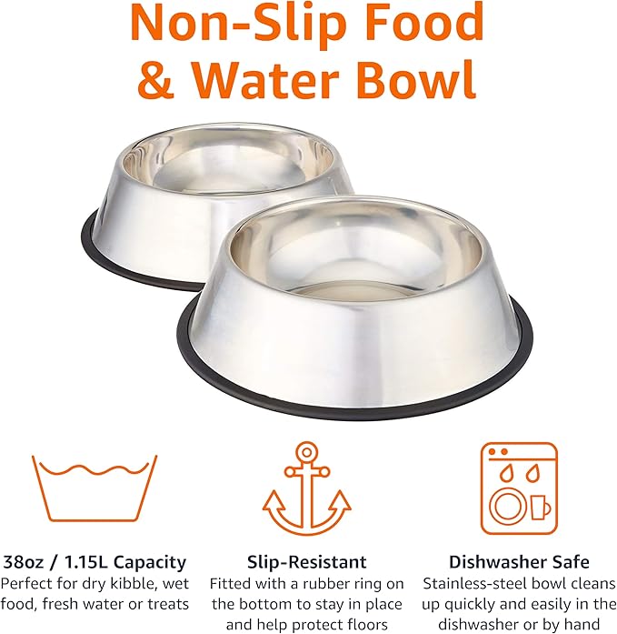 Amazon Basics Stainless Steel Non-Skid Dog Water And Food Bowls, Dishwasher Safe, Rust Resistant, 38oz Capacity, 10 x 2.8 Inches, 2-Pack