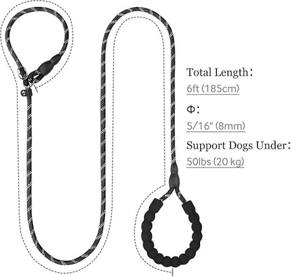TagME 6ft Slip Dog Lead, No Pull Reflective Training Leash with Padded Handle, Professional Rope P-Leash for Small Medium Large Dogs, Heavy Duty Correction Lead for Walking & Training (Black)