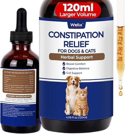 Wellix 4oz Cat & Dog Constipation Relief - Liquid Stool Softener with Dandelion Root, Prebiotics and Probiotics for Cats & Dogs - Natural Laxative for Gas and Tummy Relief - Chicken Flavor