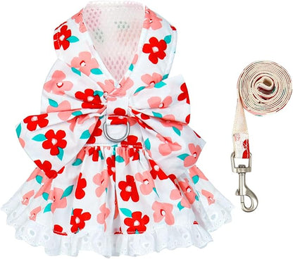 ABRRLO Dog Harness Dress Leash Set for Small Dog Summer Clothes Girl Female Puppy Cats Outfits Cute Floral Bowknot Princess Birthday Dress for Extra Small Pet Doggie Kitten Outfits Apparel(Red,L)
