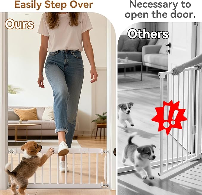 Fldofaves Dog Gate - 18"-45" Adjustable Extra Wide Metal Baby Gate to Step Over, 10" Tall Small Pet Gate with 3 Extension Kits, Pressure Mounted for Doorways & Stairs