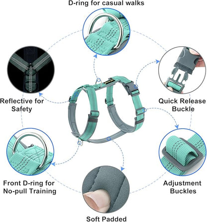 Plutus Pet No Pull Dog Harness, Adjustable Nylon Harness with Soft Padding, Reflective and Heavy Duty Dog Harness for Small, Medium, Large Dogs(Teal, XS)