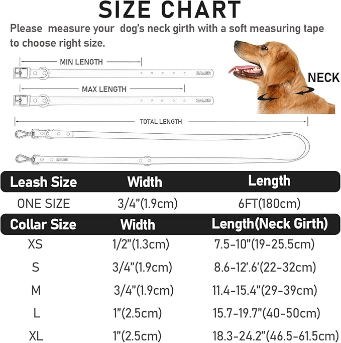 ZALER Dog Collar and Leash Set, Waterproof Adjustable Odor Proof Pet Collars Leashes Easy to Clean, 6FT Dog Leash with 2 Hooks for Large, Medium Small Dogs (XL, Black)