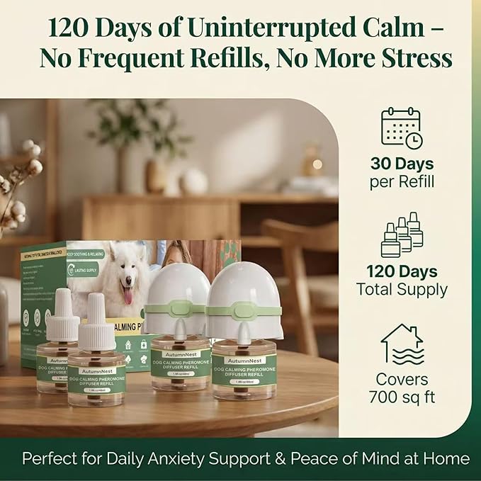 Dog Calming Pheromone Diffuser Kit, Pet Diffuser for Stress Support, Reduces Stress and Promotes Relaxed Behavior, 2 Plug-in & 4 Packs Refill, 120 Day Supply (Non-Toxic, Safe & Inedible), with Light