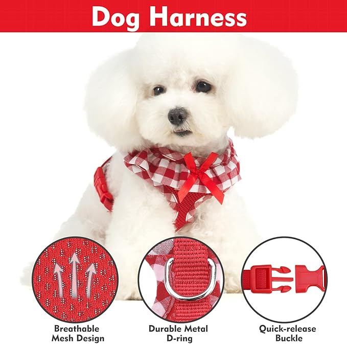 EXPAWLORER Cute Dog Harness Collar Leash Set - Red Girl Dog Harness Checkered Step-in Design, Detachable Bow Pet Collar, Adjustable No-Choke Lightweight Mesh Vest for Small Medium Dogs, M