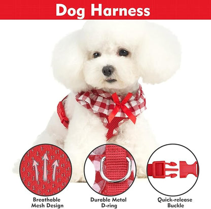 EXPAWLORER Cute Dog Harness Collar Leash Set - Red Girl Dog Harness Checkered Step-in Design, Detachable Bow Pet Collar, Adjustable No-Choke Lightweight Mesh Vest for Cats Puppy Small Dogs, S
