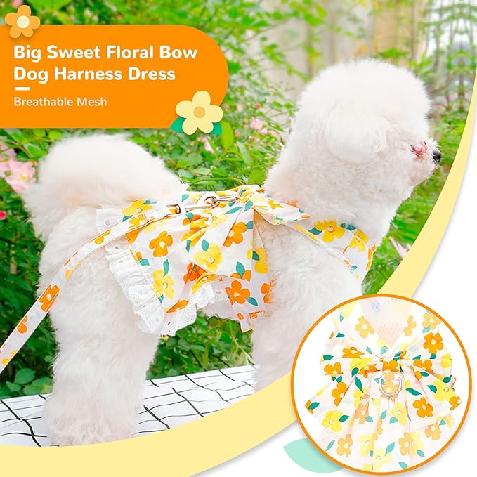 ABRRLO Dog Harness Dress Leash Set for Small Dog Summer Clothes Girl Female Puppy Cats Outfits Cute Floral Bowknot Princess Birthday Dress for Extra Small Pet Doggie Kitten Outfits Apparel(Yellow,XS)