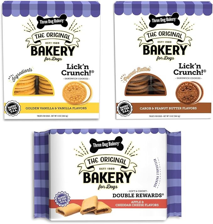 Three Dog Bakery Classic Cookies Variety Pack Dog Treats, Crunchy Baked Dog Cookies, Peanut Butter, Carob, Vanilla, Assorted Flavors, Bulk Dog Treats Made in The USA, 36 oz (Pack of 3)
