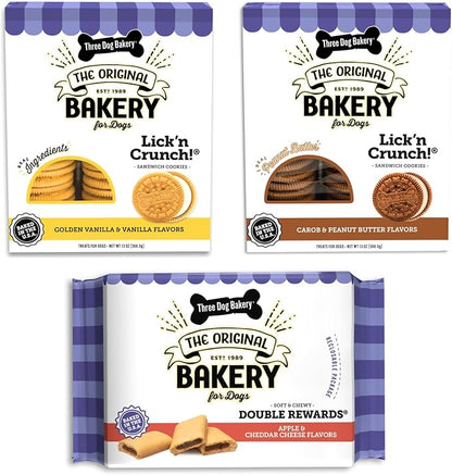 Three Dog Bakery Classic Cookies Variety Pack Dog Treats, Crunchy Baked Dog Cookies, Peanut Butter, Carob, Vanilla, Assorted Flavors, Bulk Dog Treats Made in The USA, 36 oz (Pack of 3)