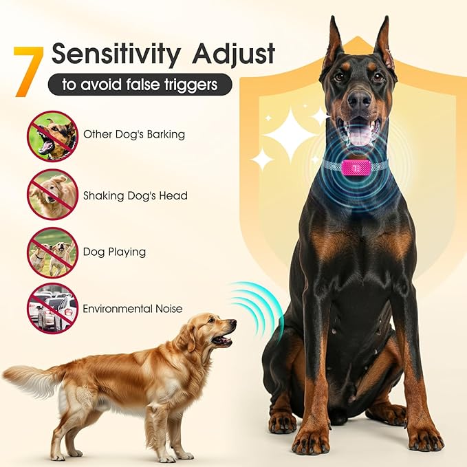 Dog Bark Collar for Large Medium Small Dogs, Effective No-Bark Collar, Smart Barking Collar, Rechargeable Bark Collar with 7 Sensitivity, 3 Modes, Waterproof, Peach Pink