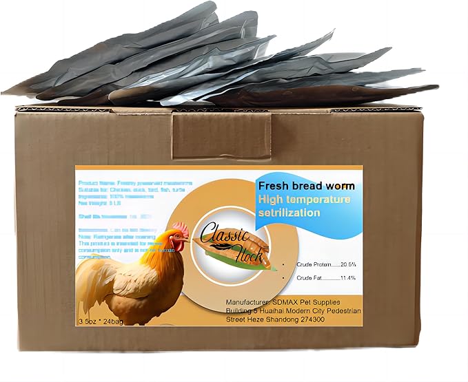 Classic Flock 5 LB mealworms - This is Freshly Cooked Worms at high temperatures. There are 24 Bags of Fresh-Keeping Worms. Please Note That This is a Boiled Worm