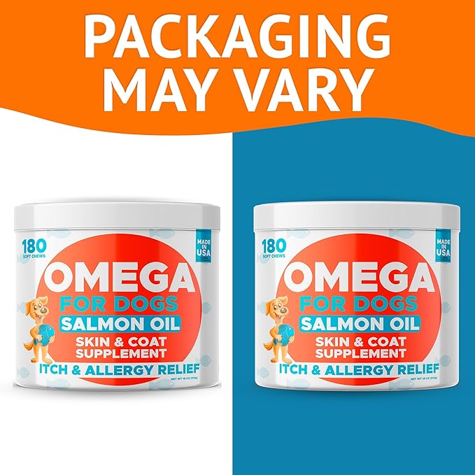 Omega 3 Fish Oil for Dogs (180 Ct) - Skin & Coat Chews - Dry & Itchy Skin Relief + Allergy Support - Shiny Coats - EPA&DHA Fatty Acids - Natural Salmon Oil Chews Promotes Heart, Hip & Joint Support