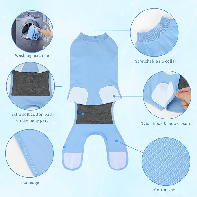 2 Packs Breathable Cotton Dog Recovery Suit for After Neuter Spay Abdominal Wounds Protector, Professional Anti-Licking Onesies for Male Female Pets Surgery Bandages, L Black Blue Pure