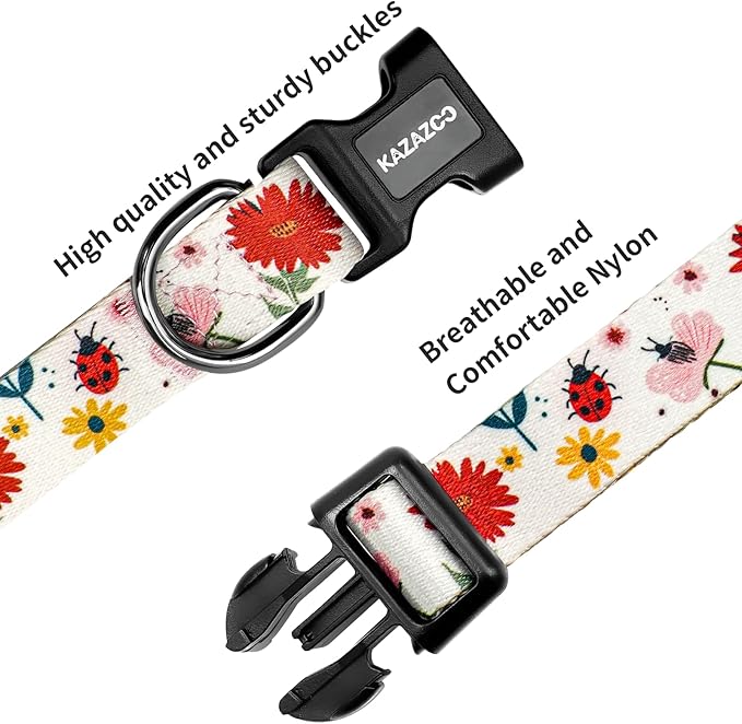 Kazazoo Dog Collar Cute and Soft Nylon Puppy Collar for Boy and Girl, Adjustable Dog Collars for Small Medium Dogs, Ladybugs and Flowers-M