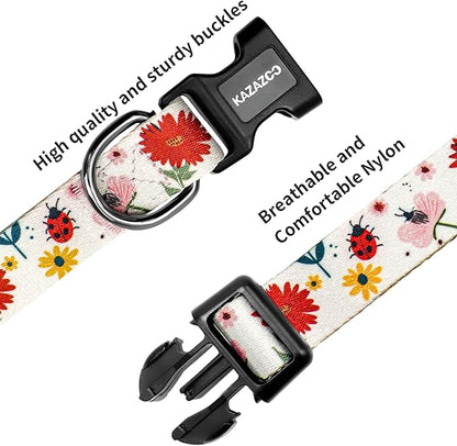 Kazazoo Dog Collar Cute and Soft Nylon Puppy Collar for Boy and Girl, Adjustable Dog Collars for Small Medium Dogs, Ladybugs and Flowers-XS