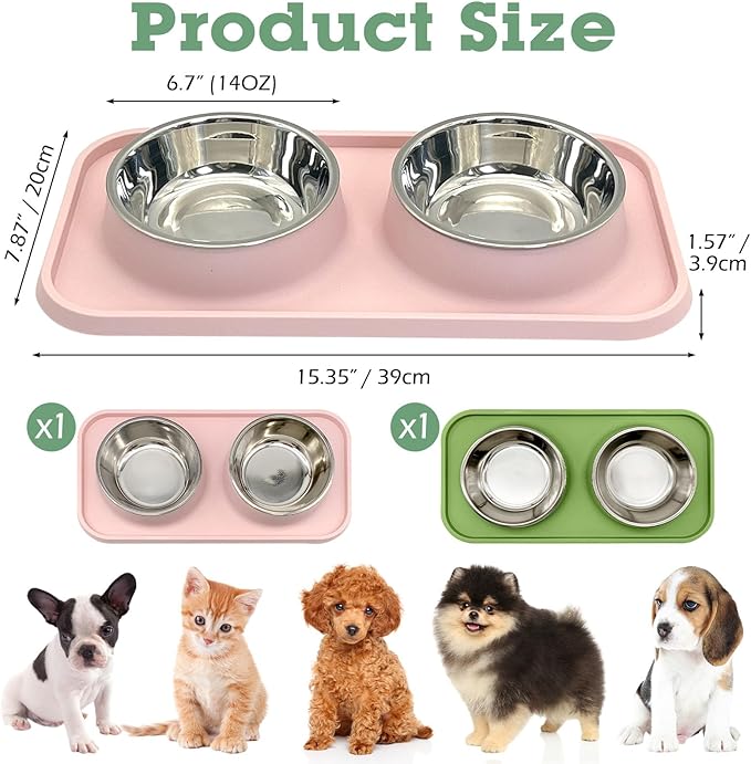 BNOSDM 2 Pcs Double Dog Food Bowls Stainless Steel Small Dog Food and Water Bowls with Non-Spill Plastic Mat Pet Cat Feeder Dish Set for Puppy Cats Kitten (Pink and Drak Green)