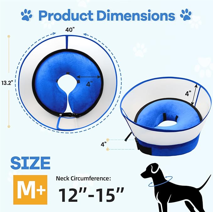 2-in-1 Upgraded Inflatable Dog Cone Collar with Detachable Anti-Licking Shield, Soft Adjustable Elizabethan Collar for Dogs After Surgery (M+, Blue)