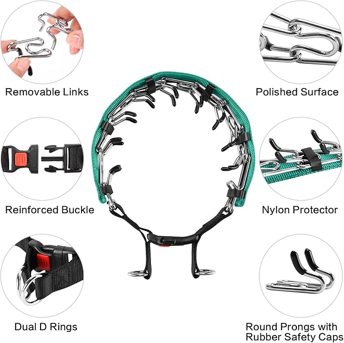 Prong Training Collar w/ Nylon Cover Comfort Tips & Quick Release Snap Buckle - Classic Collar & Leash for Small to Large Dogs, Teal, 3mm, 14-18'' Neck