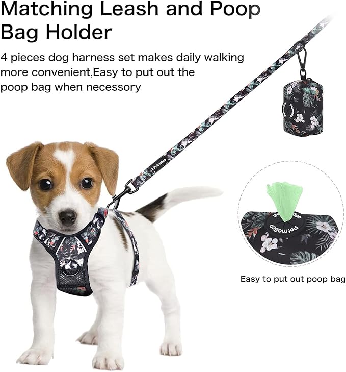 Petmolico No Pull Dog Harness Set with Leash Attachment Easy Control Handle Reflective Harness Vest Small Breed, Puppy Vest and Leash Set with Poop Bag Holder, Small - Rainforest Flower