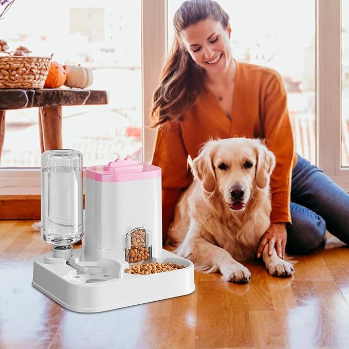 Automatic Dog Cat Feeder and Water Dispenser Combo, 10L Large Capacity Pet Food and Water Station with Integrated Bowl for Multiple Pets (Pink)