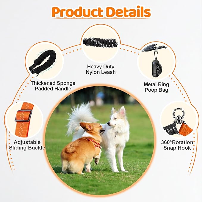 Double Dog Leash - 360°Swivel Tangle Free Splitter Attachment, 1 Rope with Handle, 2 Dogs Multi-Functional Leash, for Outdoor Walk Train Small Medium Large Two Pet, Orange