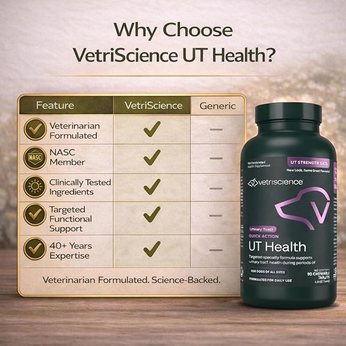 VetriScience Quick Action UT Health Chewable Tablets, UT Strength STAT Supplement for Dogs, Cranberry, Uva Ursi, and Chanca Piedra to Soothe Urinary Tract Discomfort, Smoke, 90 Count