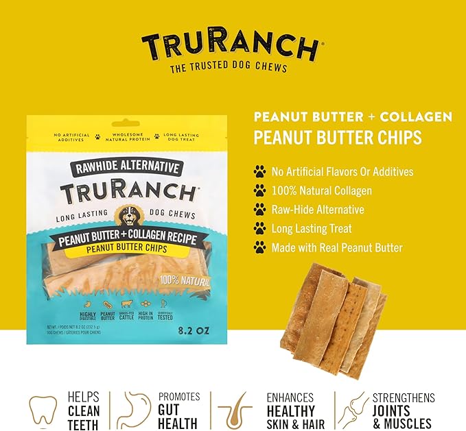 TRURANCH Collagen Chips - Collagen Dog Treats - Long Lasting Healthy Joint Support - Rawhide Alternative Chips - Skin & Coat Health - Made with Real Peanut Butter, Value Pack, 15 Bag, 7.5 lbs