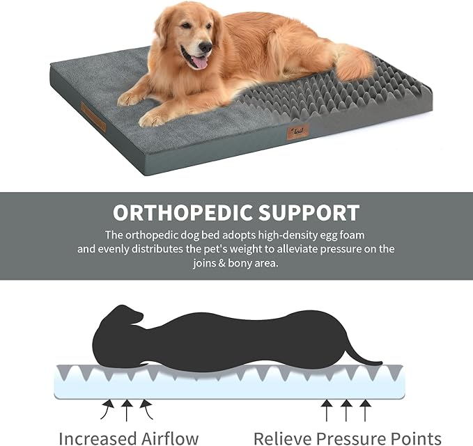 Plush Dog Bed for Medium Dogs, Waterproof Dog Crate Mat Orthopedic Egg Crate Foam Pet Bed with Washable Removable Oxford Cover, Gray