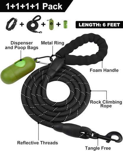 Dynmeow Reflective Dog Collar and Leash Set, 6FT Strong Climbing Rope Leash with Padded Handle, Adjustable Pet Collar with Soft Neoprene Padding for Large Dogs, Black, L