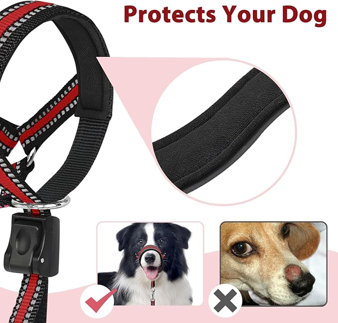 BARKLESS Soft Dog Head Collar, Patented Padded No Pull Head Halter, Training Nose Leash with Safety Link for Medium Large Dogs, Adjustable Muzzle Leash, Easy Control for Walking (L, Red)