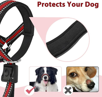 BARKLESS Soft Dog Head Collar, Patented Padded No Pull Head Halter, Training Nose Leash with Safety Link for Medium Large Dogs, Adjustable Muzzle Leash, Easy Control for Walking (M, Red)