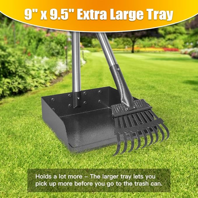 TOOGE Larger Pooper Scooper for Large Dogs, Dog Pooper Scooper for Large Medium Small Dogs Long Handle Stainless Metal Tray and Rake Set Heavy Duty