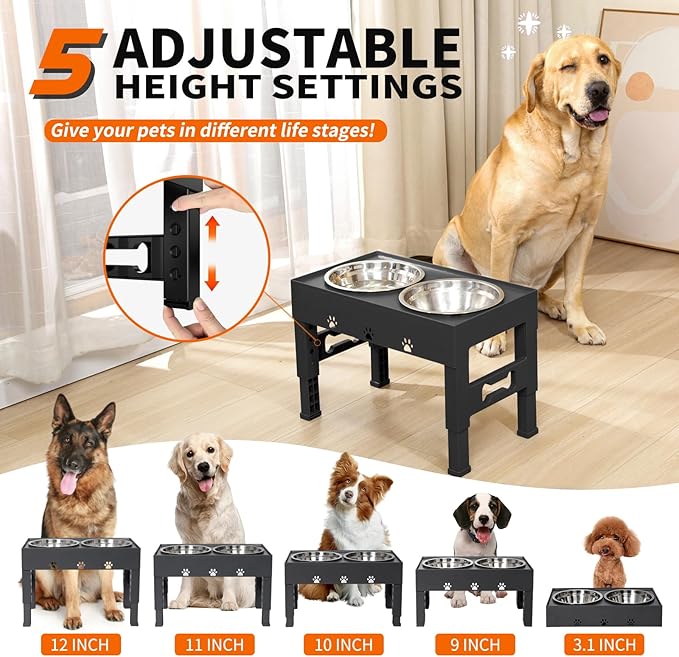 LAKIPETN Elevated Dog Bowls with Mat, Raised Dog Food Bowl Stand with 2 Stainless Steel Bowls, 5 Height Adjustable (3.1", 9", 10", 11", 12") Non-Slip Feeder Set for Medium and Large Dogs – Black