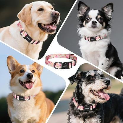 Kazazoo Dog Collar Cute and Soft Nylon Puppy Collar Girl, Adjustable Dog Collars for Small Medium Dogs, Pink Flowers-M