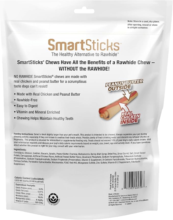 SmartBones SmartSticks with Real Peanut Butter, Rawhide-Free Chews, 25 Count