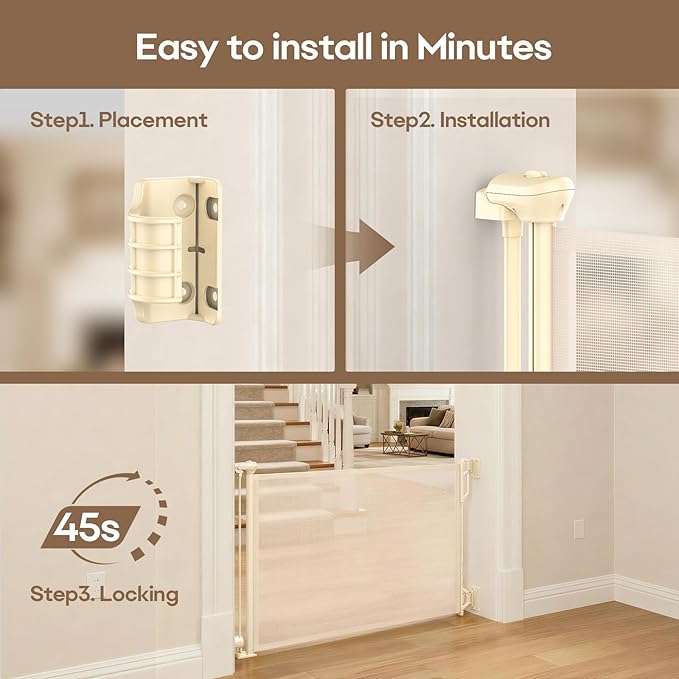 SPACEANY Retractable Safety Baby Gate or Mesh Dog Gate,Durable Portable Mesh Retractable Gate,Easy to Use for Stairs, Doorways, Hallways, Indoor, Outdoor, 33.5" Tall, Up to 55" Wide, Cream