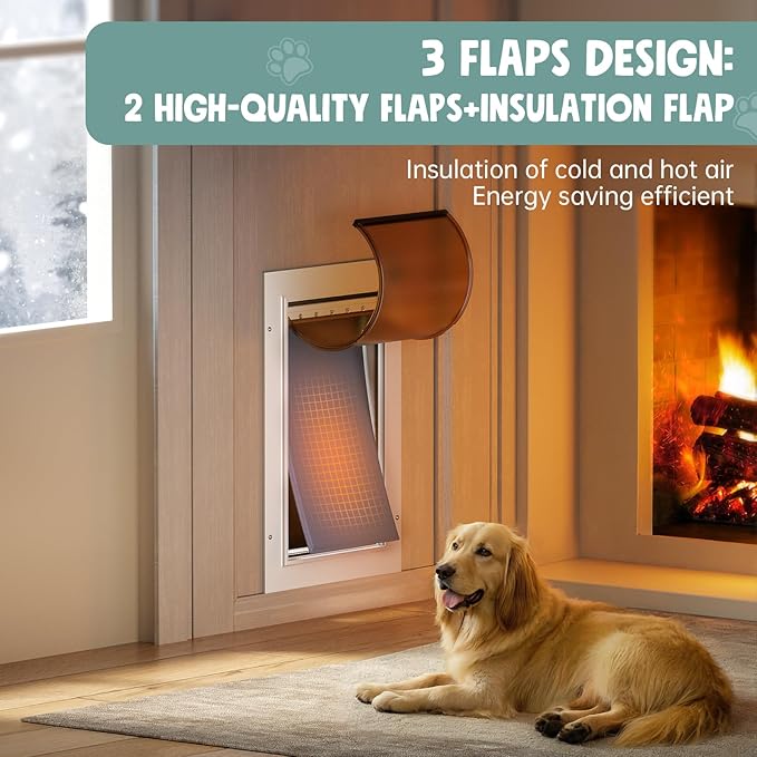 Dog Door for Door All Aluminum 3 Flaps White, Large Dog Doggy Doggie Door, Heavy Duty Pet Door for Dogs, with Insulation Flap and Lockable Closing Panel, Durable Rust Resistant, for Pets Up to 110lbs