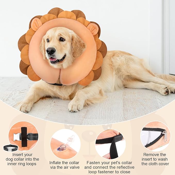 BEAUTYZOO Dog Cone Alternative After Surgery for Large Medium Small Dogs, Soft Inflatable Cone Collar for Dogs Cats, Dog Neck Donut E Collar Dog Recovery Collar to Stop Licking, Lion, M