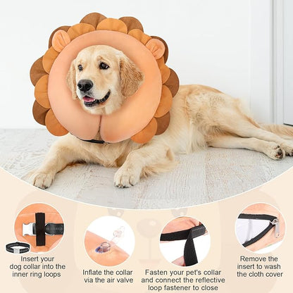 BEAUTYZOO Dog Cone Alternative After Surgery for Large Medium Small Dogs, Soft Inflatable Cone Collar for Dogs Cats, Dog Neck Donut E Collar Dog Recovery Collar to Stop Licking, Lion, XL
