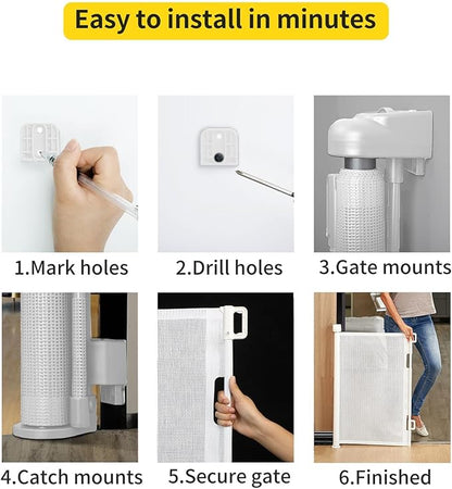 Retractable Baby Gate for Stairs – 33” Height, Expands up to 71” Width – Safety Gate for Infants, Toddlers, Dogs & Pets – Easy Install, Secure Closure, White Mesh Design for Indoor & Outdoor Use