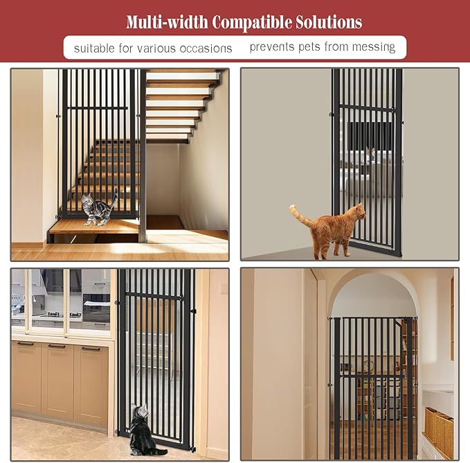 Glaf Extra Tall Pet Gate 63" Pressure Mounted Cat Door Safety Metal Cat Gate Adjustable Width Dog Door Auto-Close Dog Gate for Doorways, Stairs, Kitchen, Hallway (Black, 29.92-33.46")