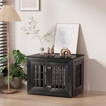 Snuowu 32" Heavy Duty Dog Crate Furniture for Small,Medium and Large Dogs,Rustic Wooden Dog Cage Kennel Indoor Furniture with Waterproof Top,Decorative Pet House Side End Table (Black)