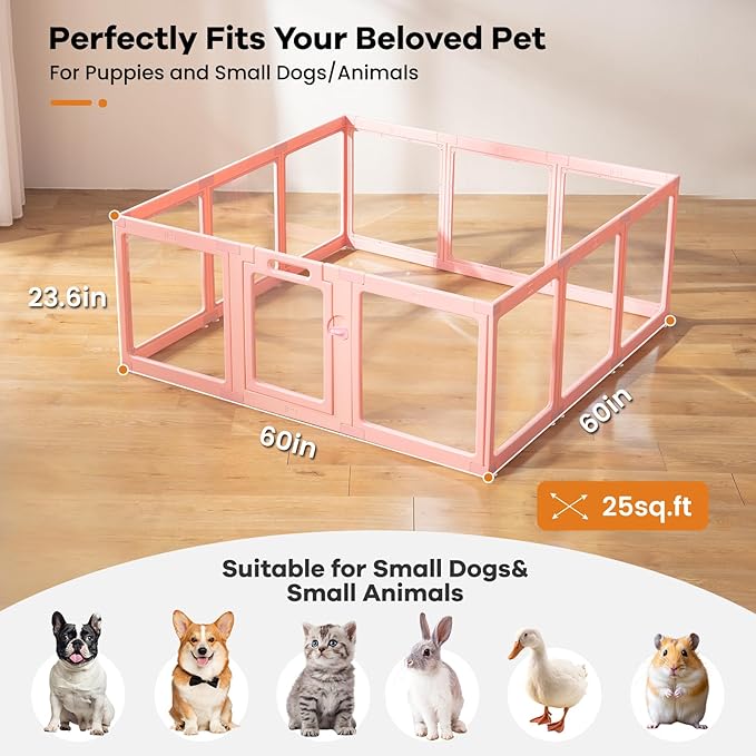 Clear Acrylic Dog Playpen Indoor, Puppy Cat Small Pet Play Pen, Pet Cat Playpen for Rabbits, Dog Fence Crate Kennel Whelping Cage (Pink, 12 Panel)