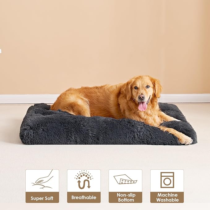 EHEYCIGA Fluffy Dog Crate Bed for Extra Large Dogs, Plush Faux Fur XLP Pad, Calming Anti Anxiety XL Plus Bed for Crate, Washable Soft Warm Dog Mat with Non-Slip Bottom, Dark Grey
