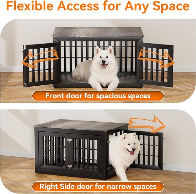 Snuowu 42" Heavy Duty Dog Crate Furniture for Small,Medium and Large Dogs,Rustic Wooden Dog Cage Kennel Indoor Furniture with Waterproof Top,Decorative Pet House Side End Table (Black & Grey)