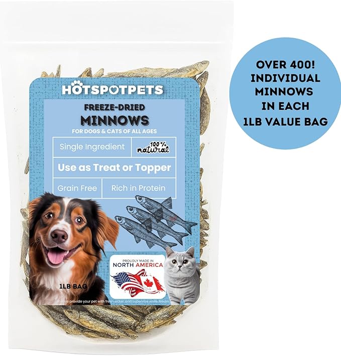 hotspot pets Freeze Dried Minnows Treats for Cats & Dogs (1 Pound Bag Over 400 PCS) Made in USA, All Natural, High Protein, Rich in Omega-3s, Grain-Free, Perfect for Training, Topper or Snack