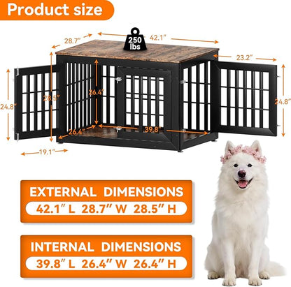 Snuowu 42" Heavy Duty Dog Crate Furniture for Small,Medium and Large Dogs,Rustic Wooden Dog Cage Kennel Indoor Furniture with Waterproof Top,Decorative Pet House Side End Table (Black & Wood)
