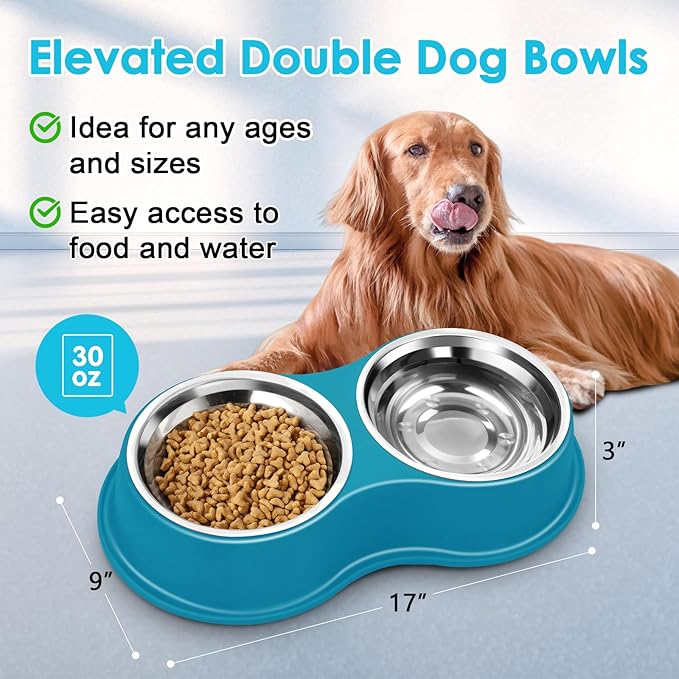Epetslove Dog Bowls Large Stainless Steel Dog Water and Food Bowls Set with No-Slip Base, Pet Feeder Bowls Raised Edges for No Spill, Dog Cat Dish for Small, Medium, and Large Pets